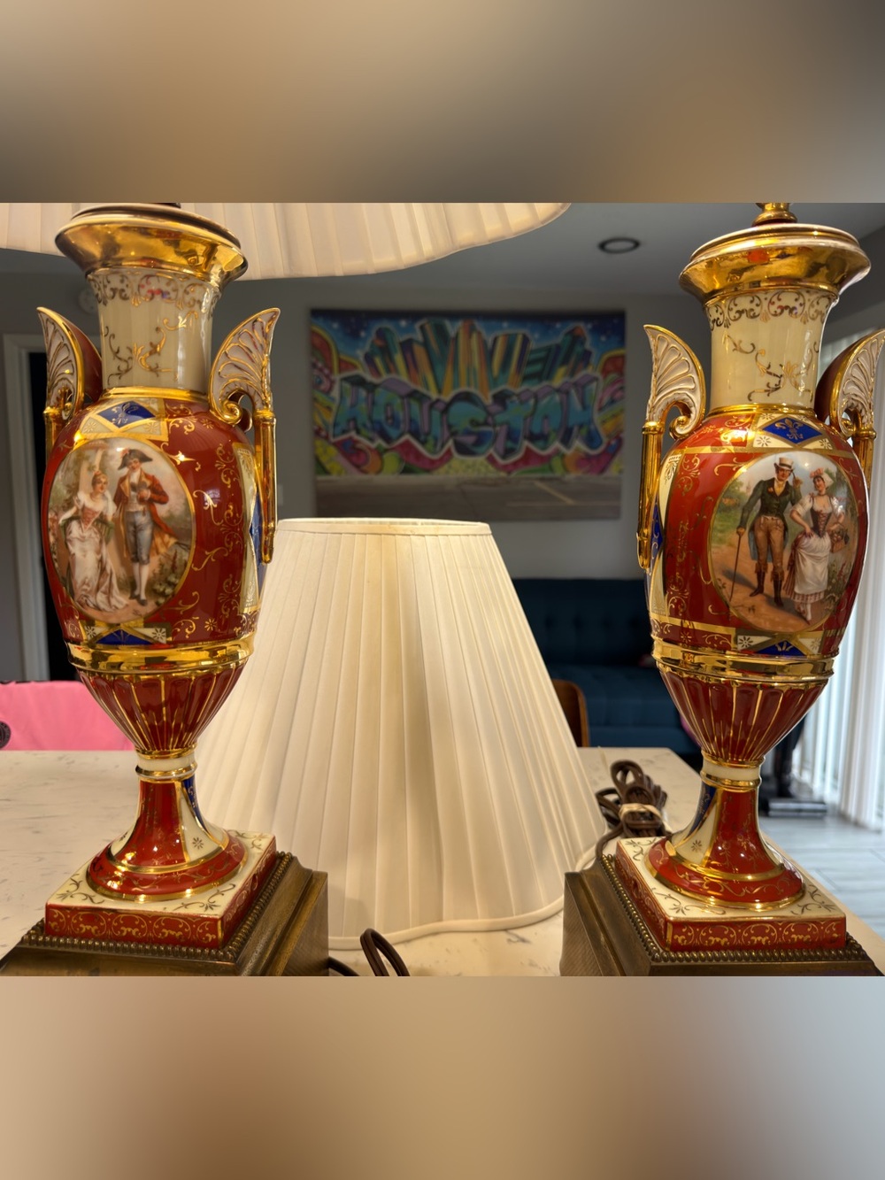 Pair Of Antique French Sevres Porcelain & Bronze Table Lamps, 32". Pair 24k Gold - Picture 9 of 16